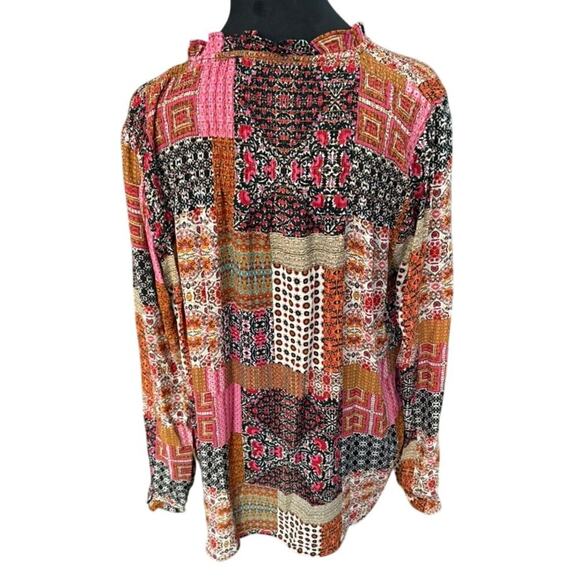 Rose + Olive Boho Patchwork Tie Neck Blouse - M - Picture 5 of 5